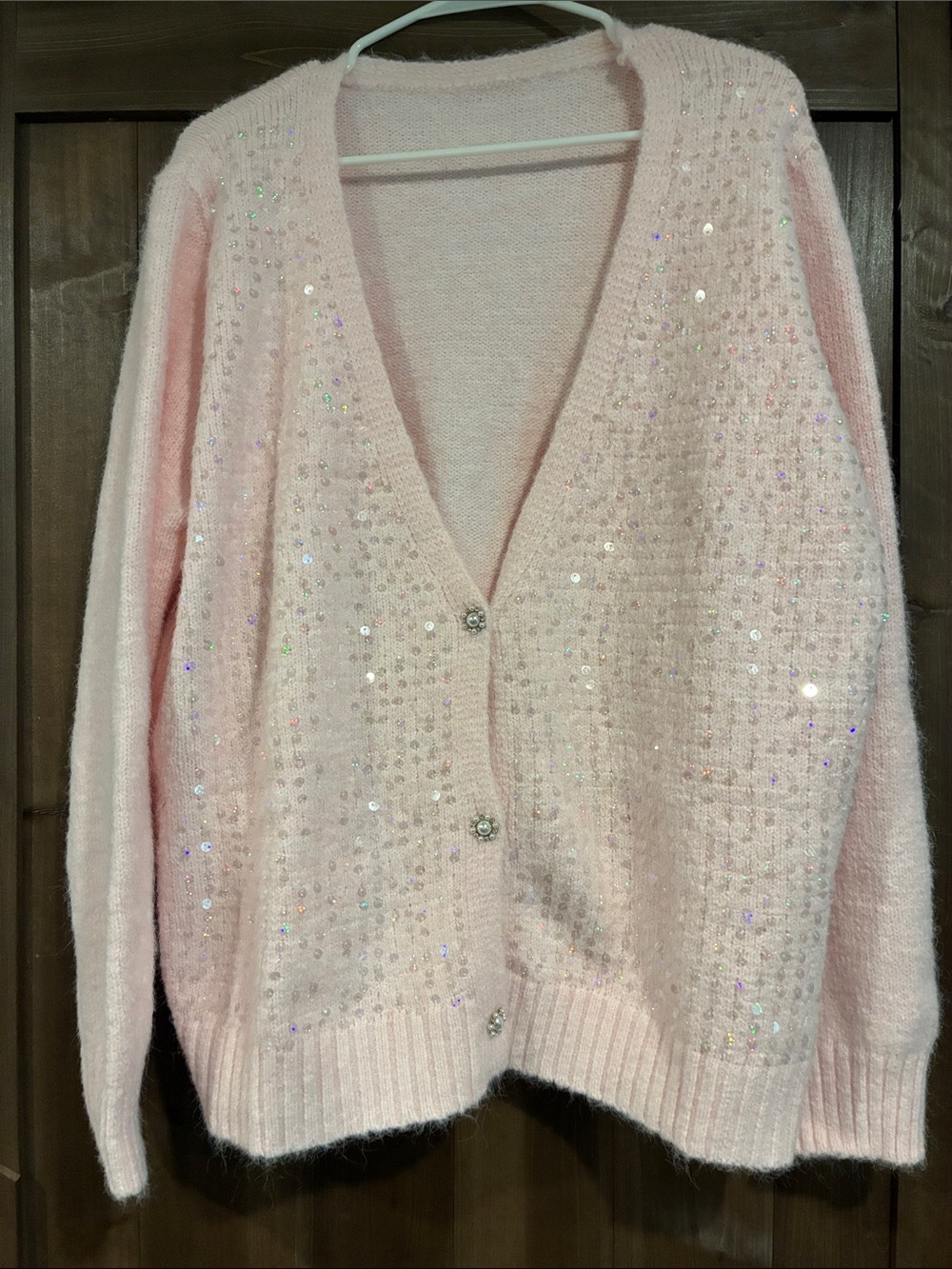 Soft Pink Sequin Accent Women's Cardigan Sweater 3X